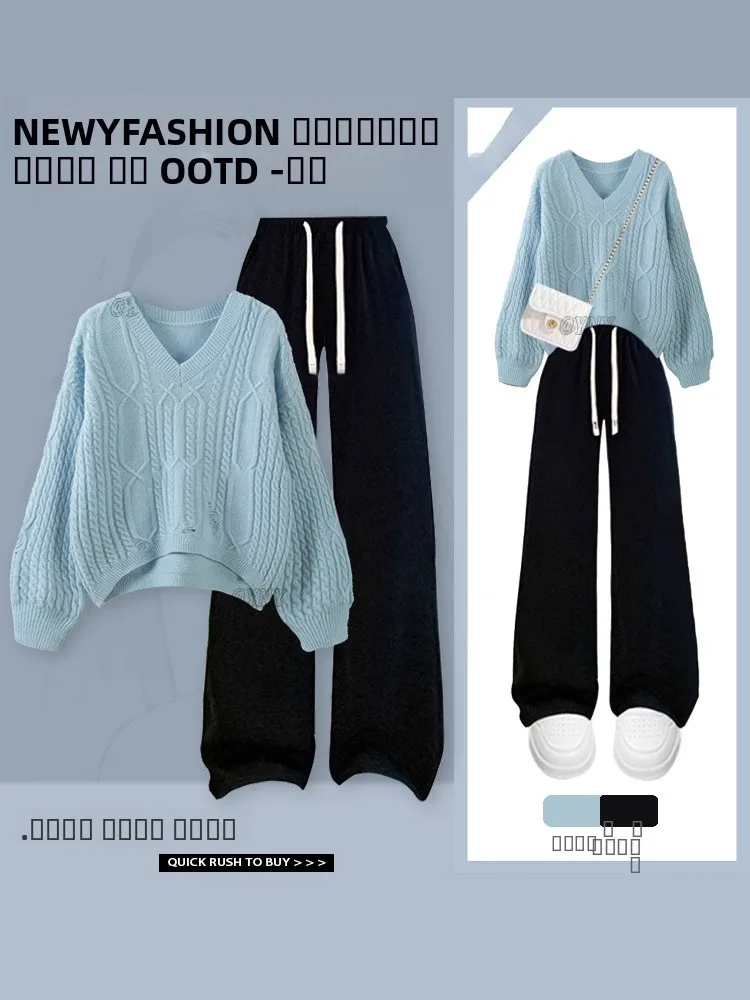 

Женский вязаный свитер и повседневные брюки прямого кроя: осенне-зимняя новинка с дизайнерскими вырезами, стройнящие, универсальные, с длинными рукавами, милый дизайн