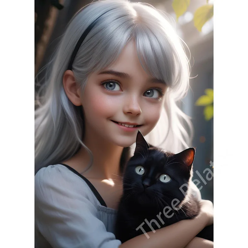 Three Ratels QHR2 Beautiful Girl and Black Cat Anime Wall Decal Room Decoration