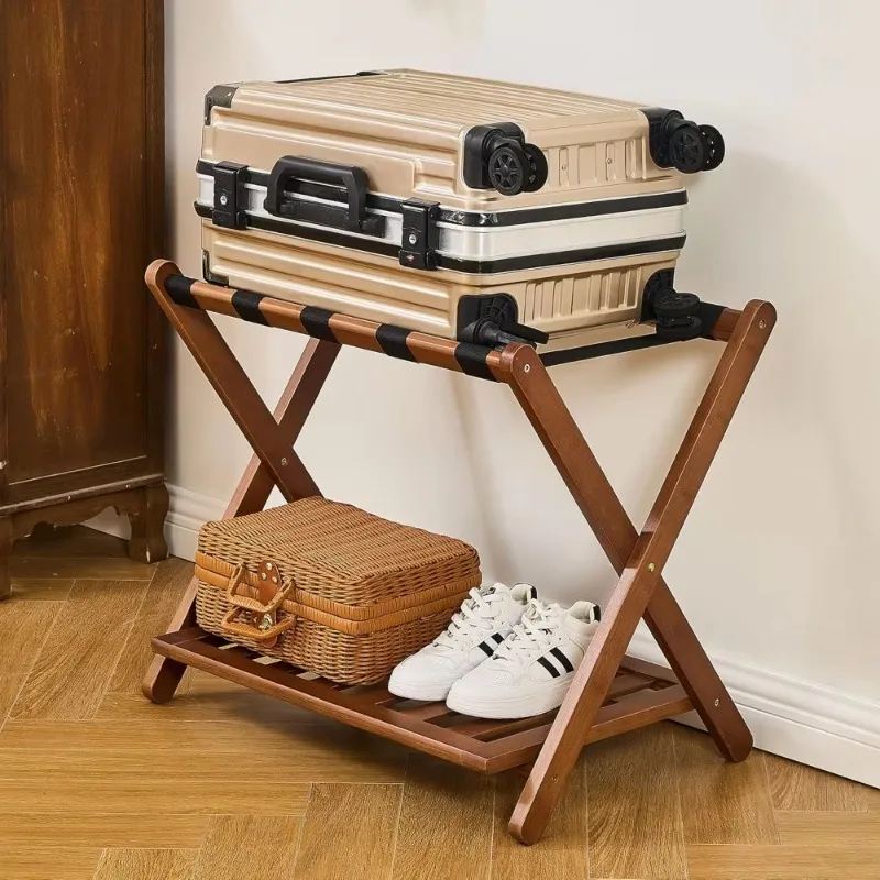 

2 Set of Fully Assembled Walnut Luggage Rack, 26.77 inch Folding Iuggage Rack, w/5 nylon straps&storage rack, Hold up to 165 Lb