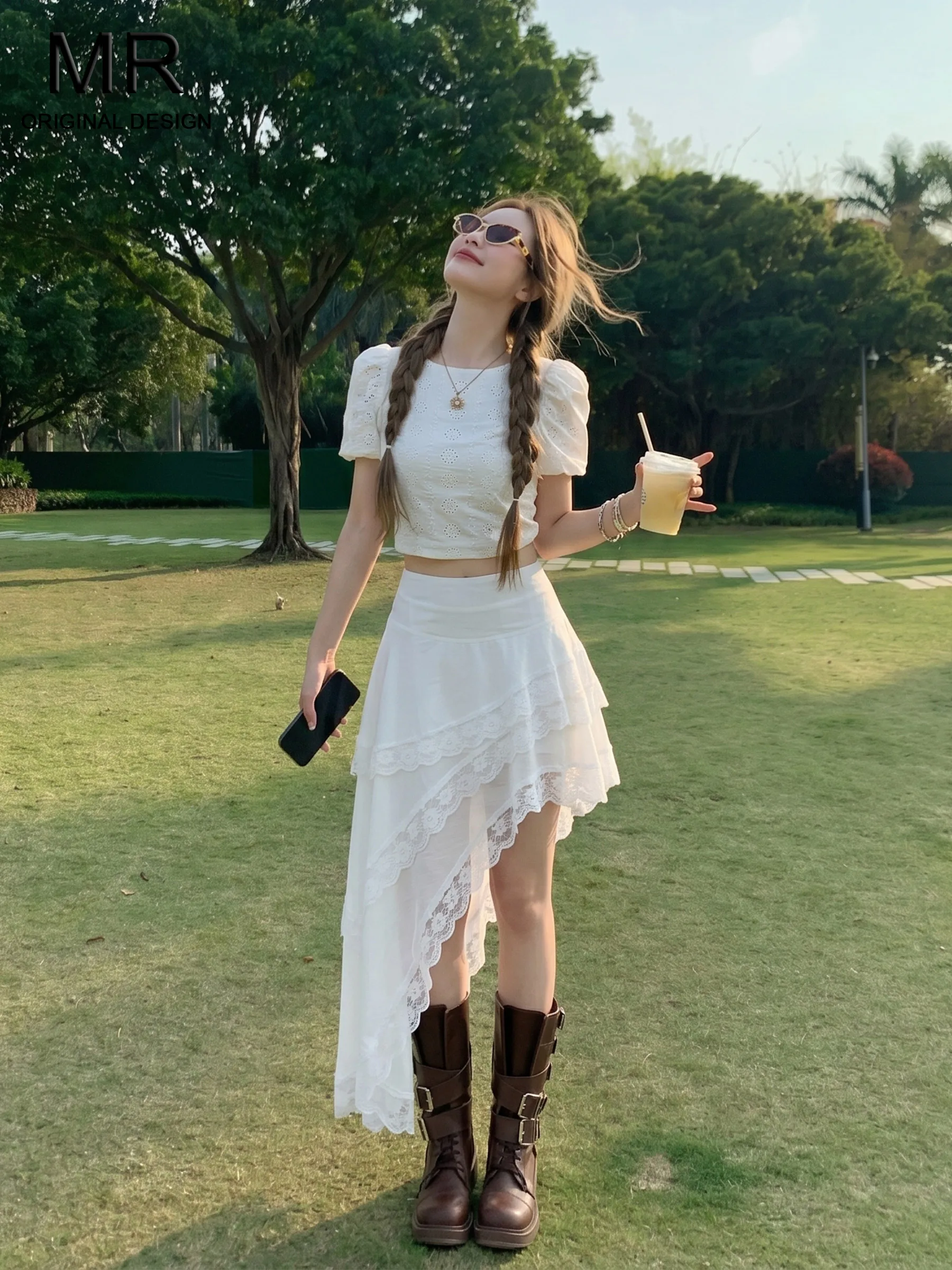 

Sweet A-Line Skirt with Lace Trim Asymmetrical Cake Skirt Design for Women Summer New Style High Waist Casual Style