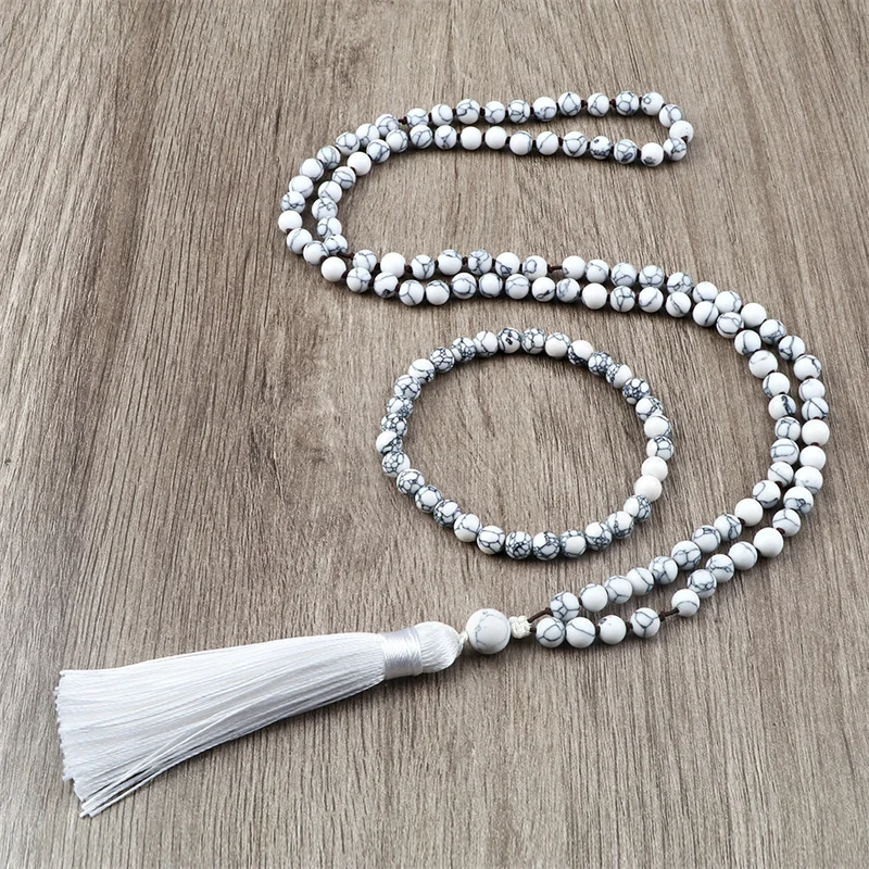 Classic Mala 108 Beads Knotted Necklace Women Men White Natural Stone Japamala Bracelet Long Tassel Rosary Necklace Jewelry Set