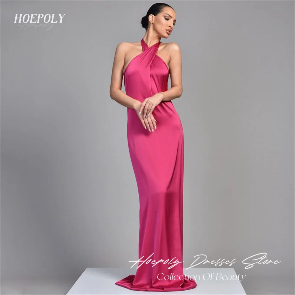 

Hoepoly Simple Mermaid Evening Dresses Halter Sexy Backless Satin Celebrity Dress Ruffles Backless Pageant Bride Party Gown