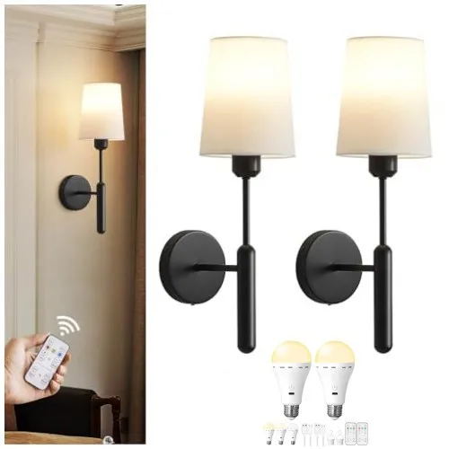 Wireless No Wiring Linen Wall Sconce Set of 2 Battery Operated Rechargeable with Remote Dimmable