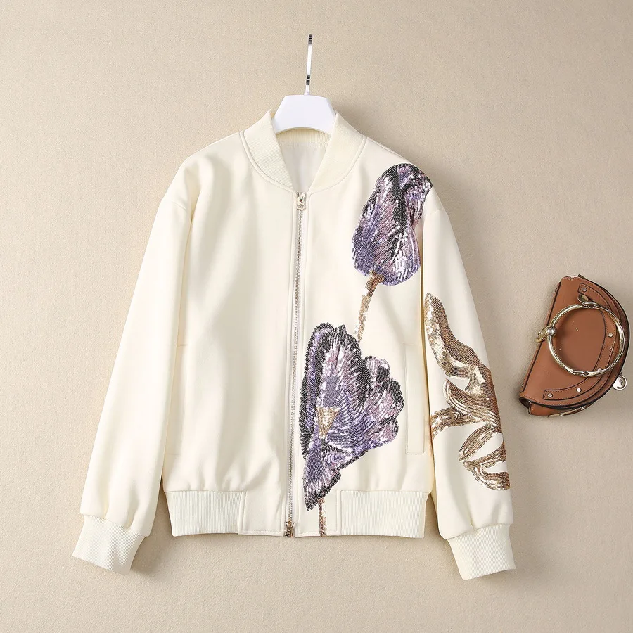 

Женская зимняя куртка 2024 года в Европе и США, новая модная куртка на молнии с длинными рукавами и тяжелыми блестками цветов