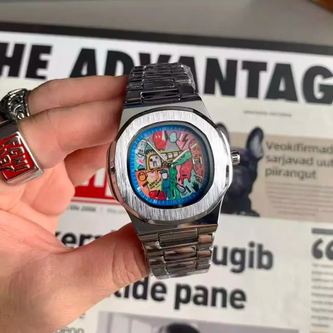 Business Hot Square Comic Cartoon Dial Quartz Men's Watch Casual Top High Quality Steel Top Waterproof Sport Men Watch AAA Clock