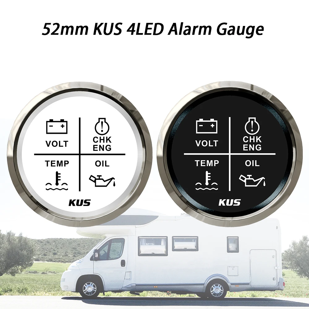 KUS 52mm 4 LED Engine Alarm Gauge Meter Volt Water Temp Oil Pressure CHK ENG 12V 24V for Car Racing Speedboats