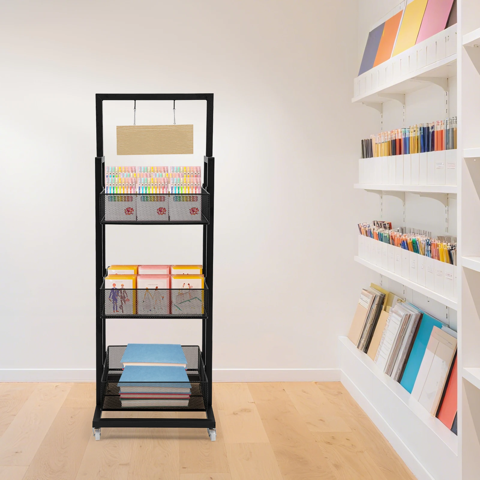 

Black Iron 45x45x136cm Three-Layer Snack Display Rack Wheeled Mobile Storage Rack Store Bookstore Storage Display Rack