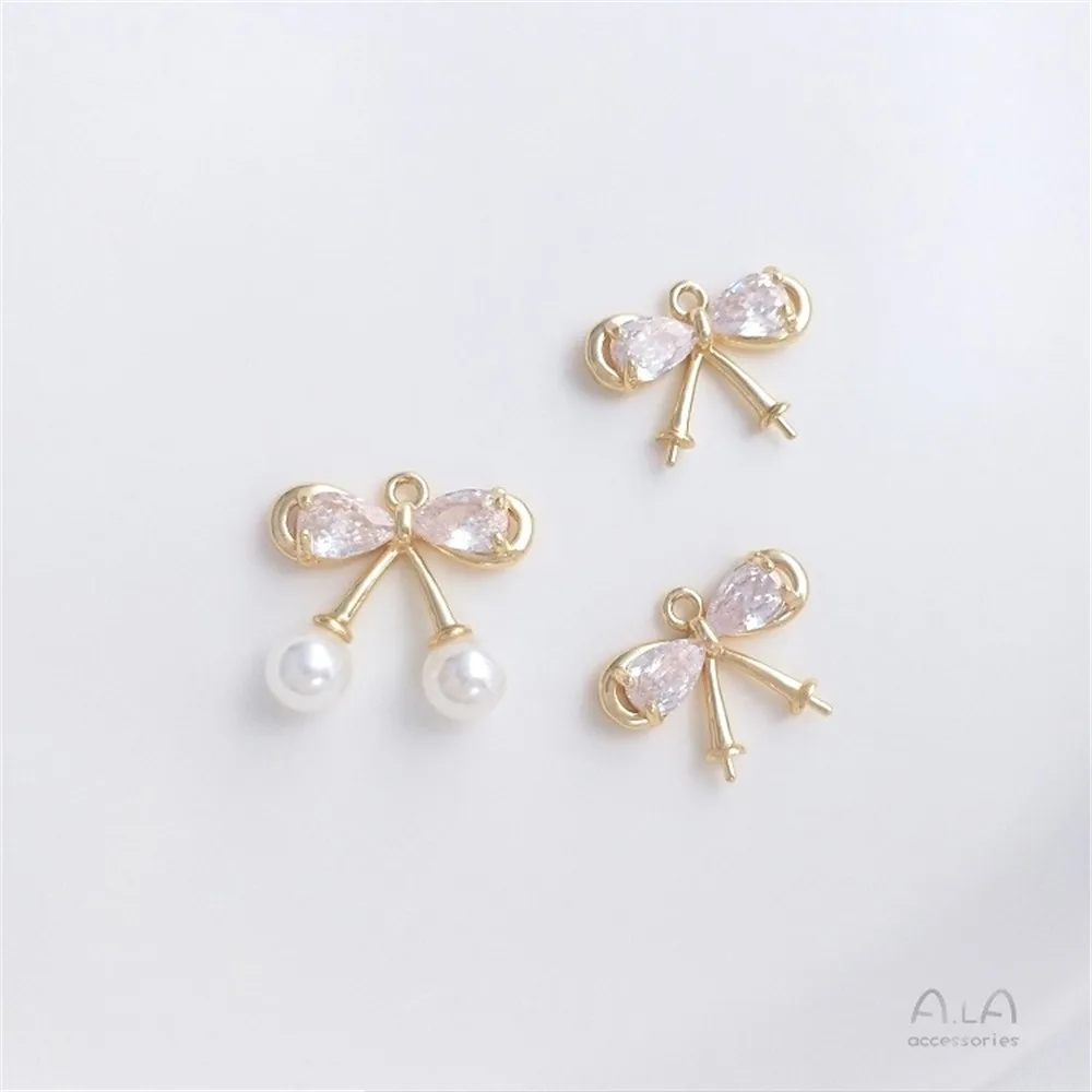 

14K Gold Color-inlaid Zircon Bow Half-hole Bead Needle Pendant Handmade Diy Sticky Crystal Pearl Jewelry Pendant