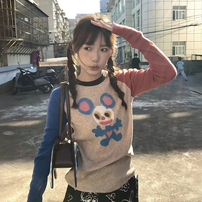 Karrram Japanese Y2k Knitted Tops Vintage Harajuku Graffiti Print Long Sleeve T-shirt 2000s Aesthetics Ribbed Patchwork Tops 90s