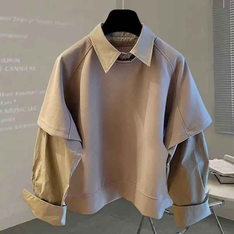 Two-piece Spliced long-sleeved Shirt for Autumn Winter Men's New Sweatshirt Korean Style Trendy Loose Fashion Versatile Top