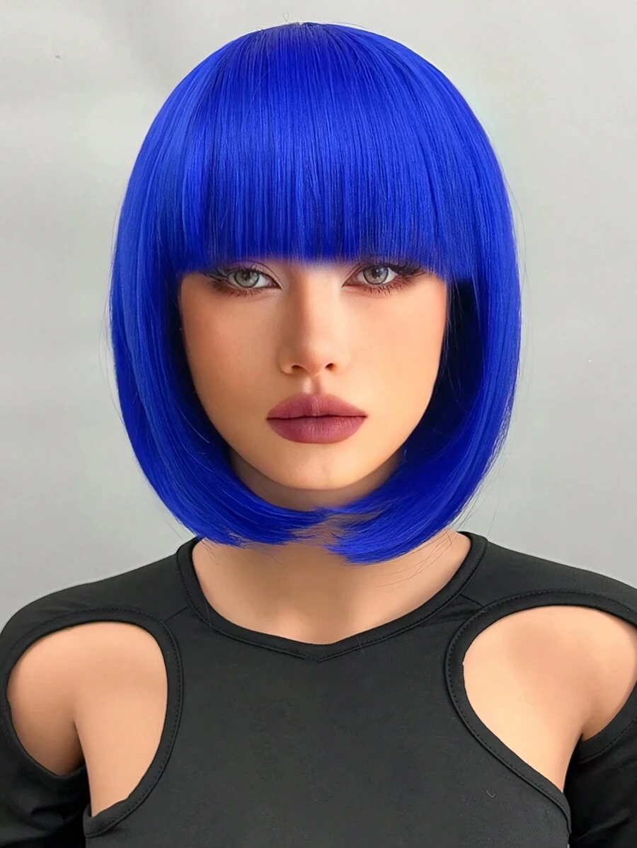 

Женский короткий синий волнистый парик с челкой, косплей-парики для естественного повседневного использования, 20 дюймов