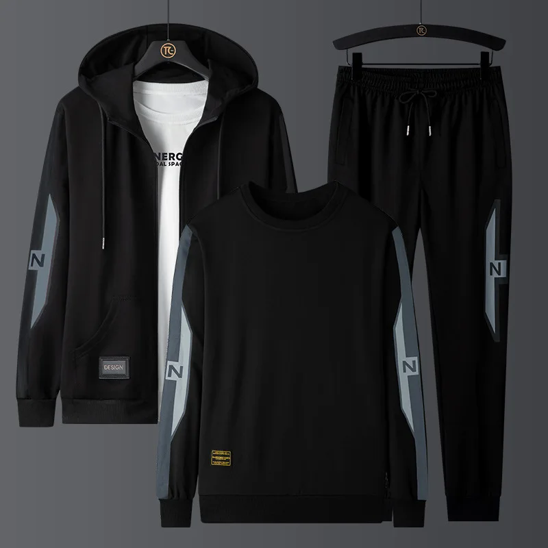 Big Size Men's Sports Suit Three Piece Hoodie Long Pants Long Sleeves Autumn and Winter Loose Fashion Casual Sportswear 2025