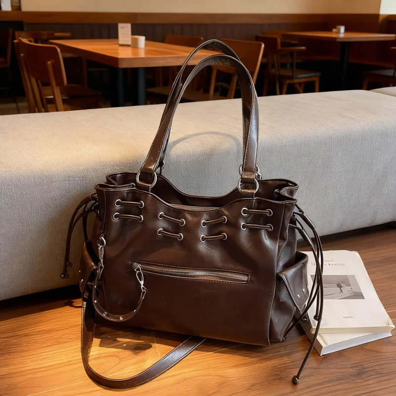 Y2K Hot Girl Single Shoulder Bag Vintage Crossbody Tote Bags Retro PU Leather Motorcycle Bag Large Capacity Multi Pocket Handbag