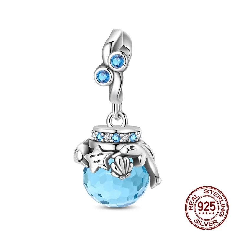 

925 Sterling Silver Ocean Blue Crystal Sea Creature Pendant Dolphin Charm Fit Original Charm Bracelets Women DIY Jewelry Gift