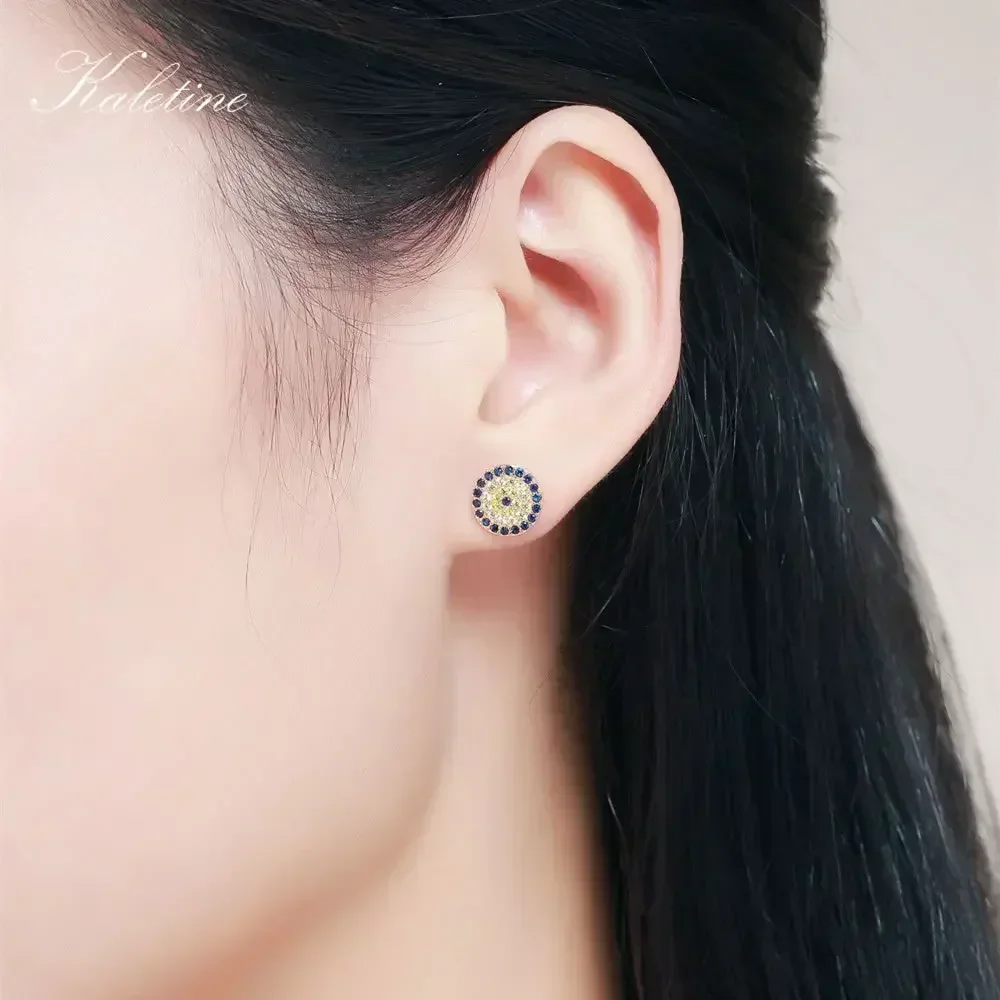 KALETINE Genuine 925 Sterling Silver CZ Crystal Lucky Turkey Evil Eye Earrings For Women Yellow Rose Gold Jewelry KLTE009