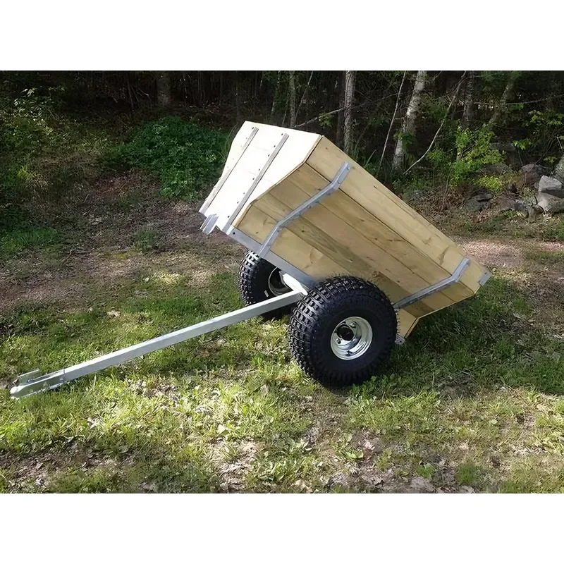 Heavy-duty wooden dump trailers, towed garden trucks with sturdy metal frames, ideal for transporting yard waste/soil