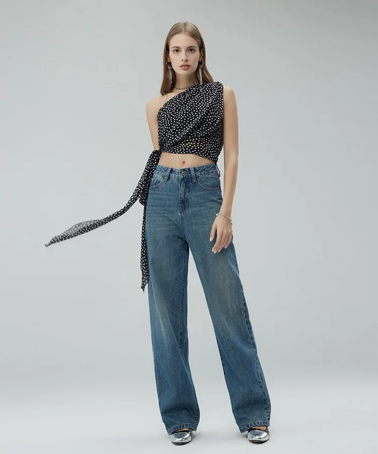 Mulheres denim calças de perna larga jeans cintura alta lavado angustiado vintage até o chão bolsos streetwear calças retas 2025