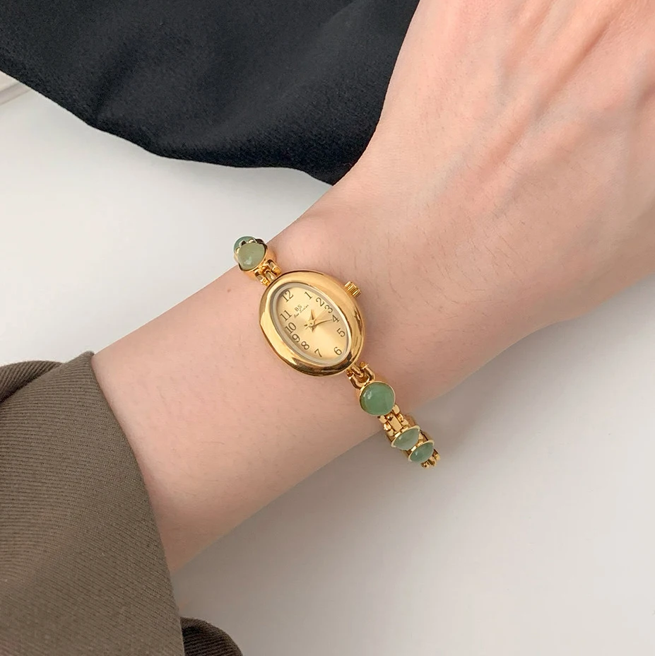 Women Watch Green Jade Stone Bracelet Luxury Elegant, Vintage Oval Small Watch Gifts,Gold Watch With Natural Stones,Montre Femme
