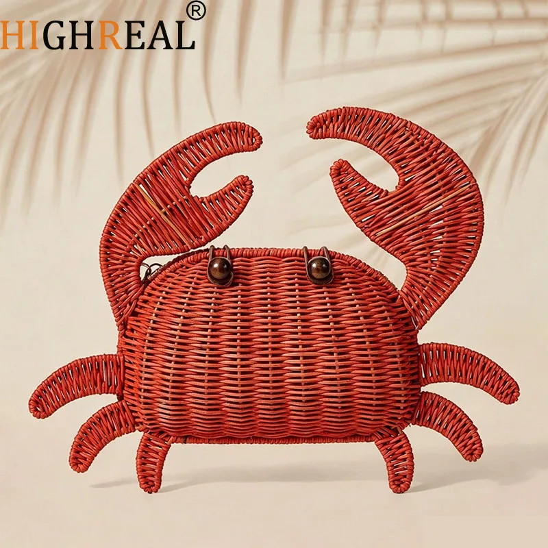 Cute Crab Shaped Rattan Bag Bohemian Wicker Woven Shoulder Bags for Women Funny Purses Beach Straw Bag New Handmade Handbags