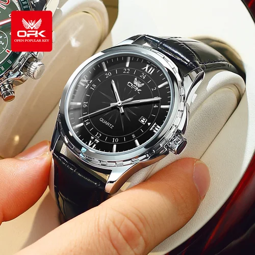 Imagen 1 del producto OPK-reloj de cuarzo con correa de cuero para hombre, pulsera de vestir resistente al agua, cómoda, a la moda