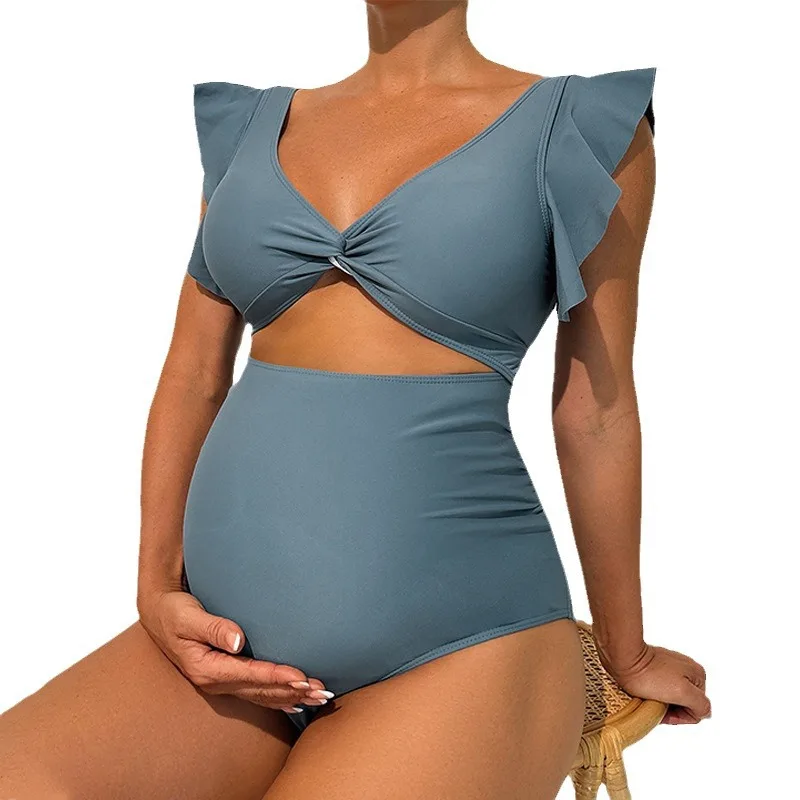 Popular Pregnant Women's Belly Support Swimsuit2024New Fashion Solid Color Loose Short Sleeve Cover Belly Siamese Swimsuit