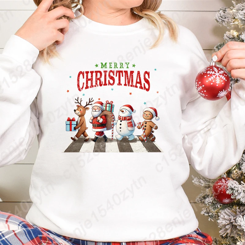 

Santa Snowman Reindeer Merry Christmas Sweatshirt Autumn Winter Women Pullover Casual Graphic Long Sleeve Hoodless Pullover Tops