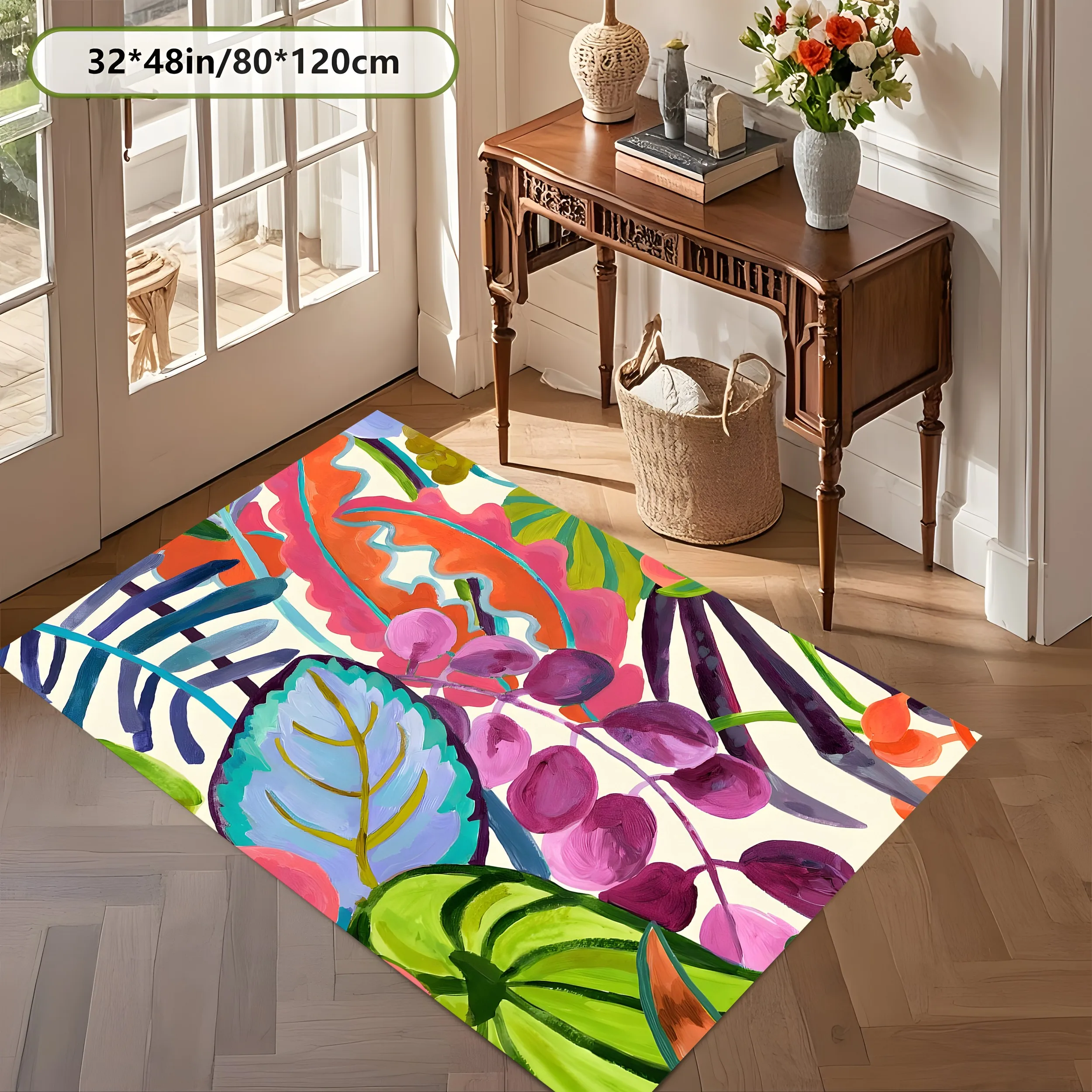2D Carpet with Hand-Painted Tropical Floral Designs in Dopamine Artistic Style for Living Room, Bedroom, and Bedside