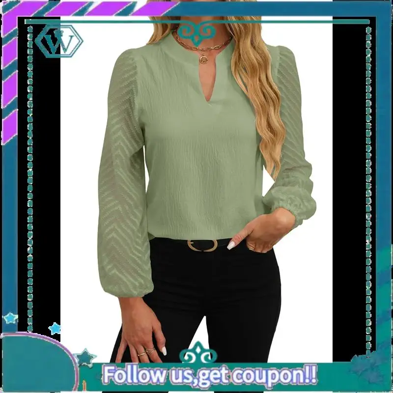 

A09P Womens Tops Dressy Casual Sheer Long Sleeve V Neck Shirts Loose Flowy Chiffon Business Work Blouses