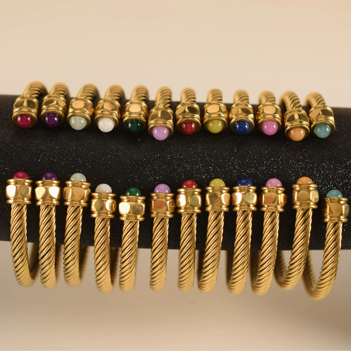 12 Month Color Natural Stone Bracelet Stainless Steel Personalized 18k Gold Birthstone Bracelet Bangle