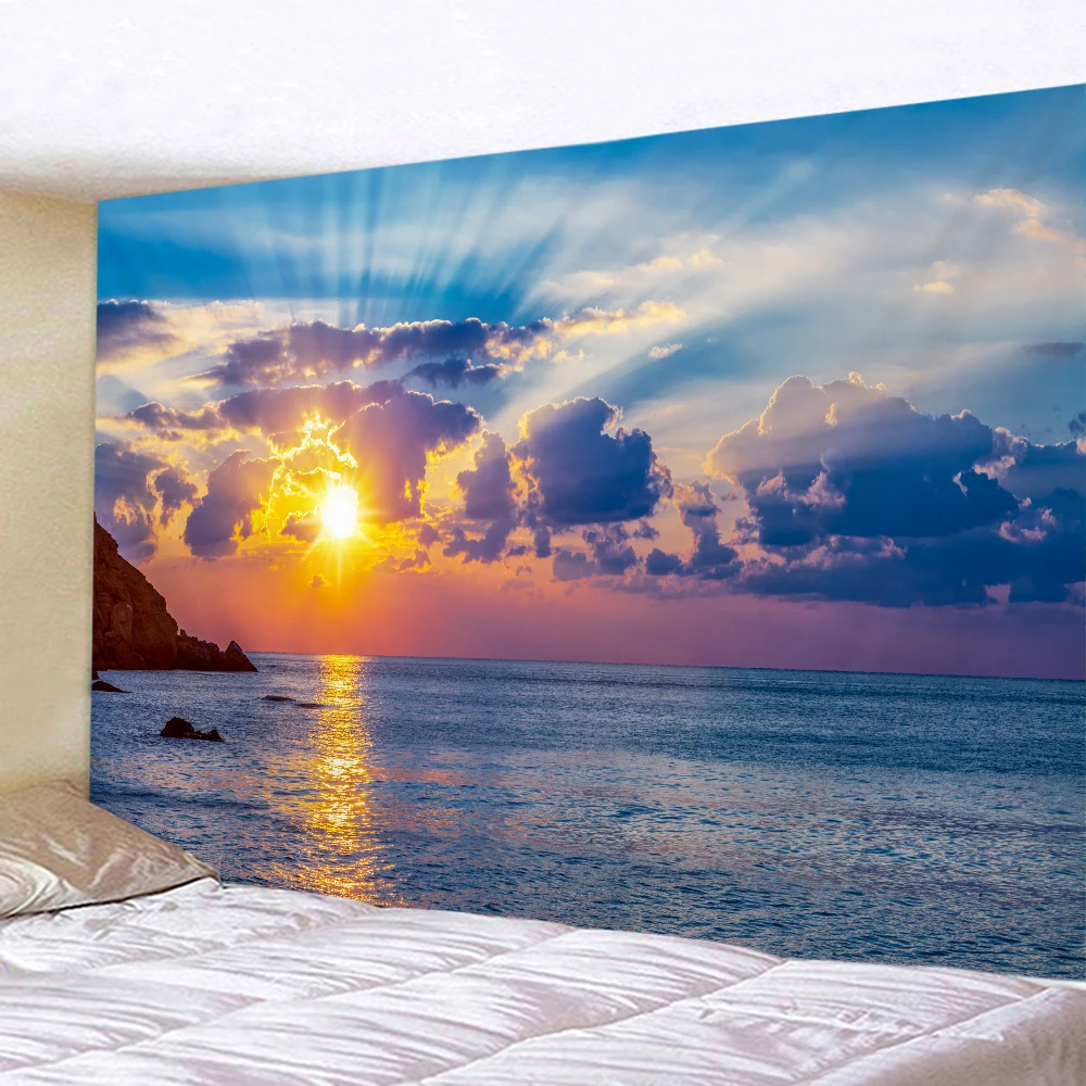 Tapisserie murale grand format en tissu imprimé, motif paysage de coucher de soleil sur la plage, la Grande Vague et cocotier, décoration esthétique pour chambre de dortoir