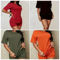 Plus Size Women Fashion Suit Casual Summer O-neck Crop Top Shorts Two Pieces Sets Ladies Short Sleeve Tops Shorts Women Suit