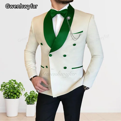 Gwenhwyfar-traje informal de negocios para hombre, traje de oficina de doble botonadura con solapa de Chal verde, moda de dos piezas, 2023