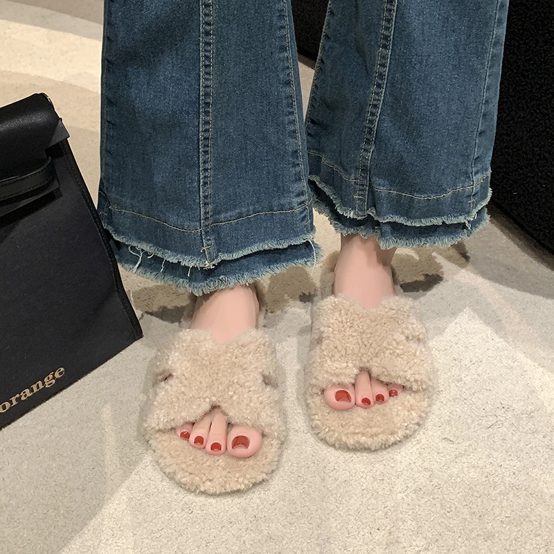 Faux Fur Slippers Fashion Warm Shoes Woman Winter Women Home Slippers Soft Thick Non-Slip Bottom House Slippers Indoor Shoes