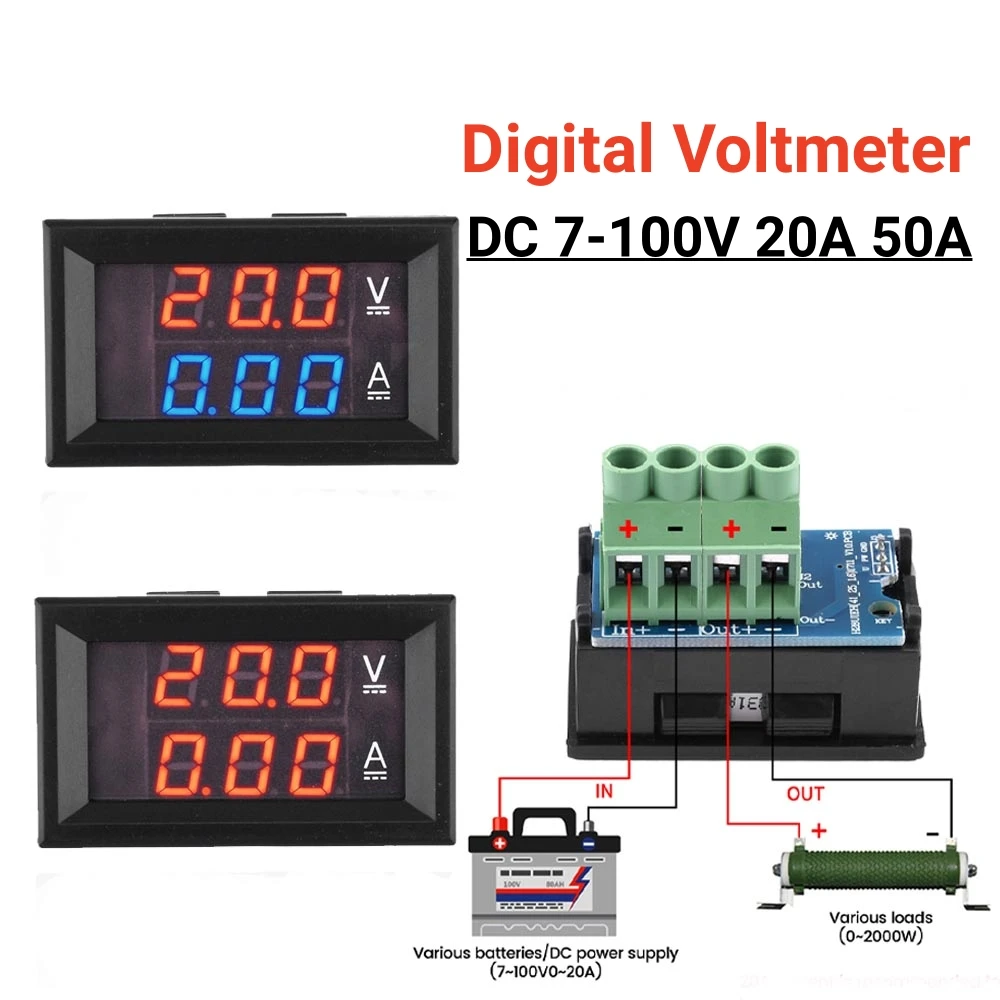 DC 7-100V 20A 50A Digital Voltmeter Ammeter 3 Bits Amp Volt Voltage Current Meter Detector Tester 0.28\