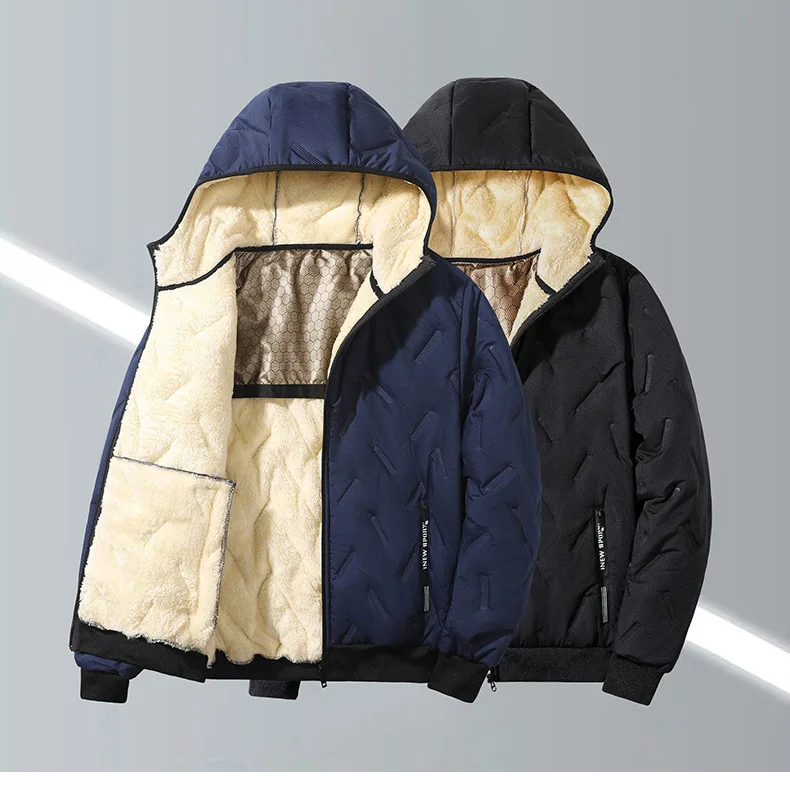 Men Winter Hooded Padded Jacket Waterproof Windproof Quilted Fleece Lined Thick Warm Full Zipper Casual Snow Outerwear for Male