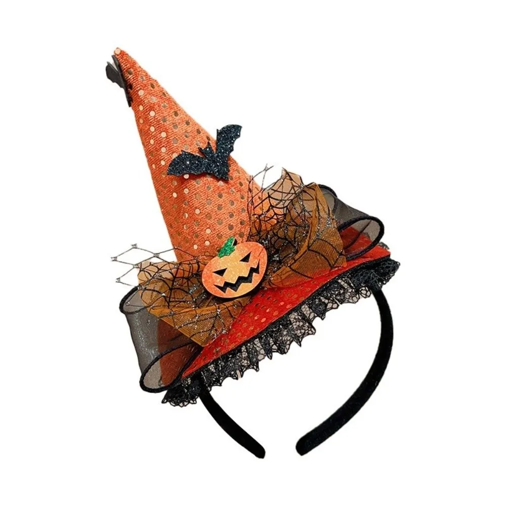 Pointed Hat Halloween Headband Lace Ribbon Pumpkin Ghost Witch Hat Hairband Cosplay Props Hair Accessories