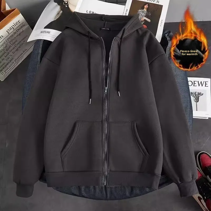سترة رجالية مبطنة بالصوف مع غطاء للرأس، معطف دافئ غير رسمي للعمل في الخريف والشتاء، سترة بسحاب فضفاضة بتصميم عصري للشباب