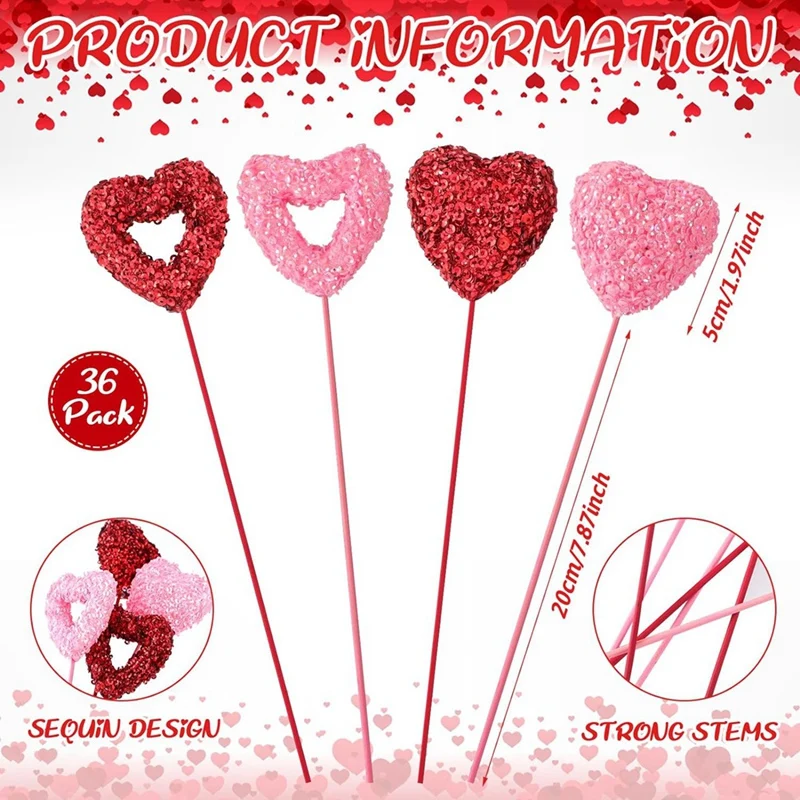 Valentine Glitter Foam Hearts Picks Foam Hearts Stems Valentines Floral Picks Foam 36Piece