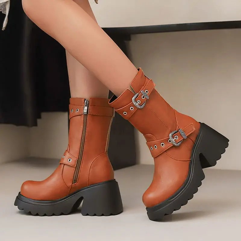 Girseaby 2025 Fresh Style Female Mid Calf Boots Round Toe Thick Heels 8.5cm Platform 3.5cm Zipper Over Sizes 43 44 45