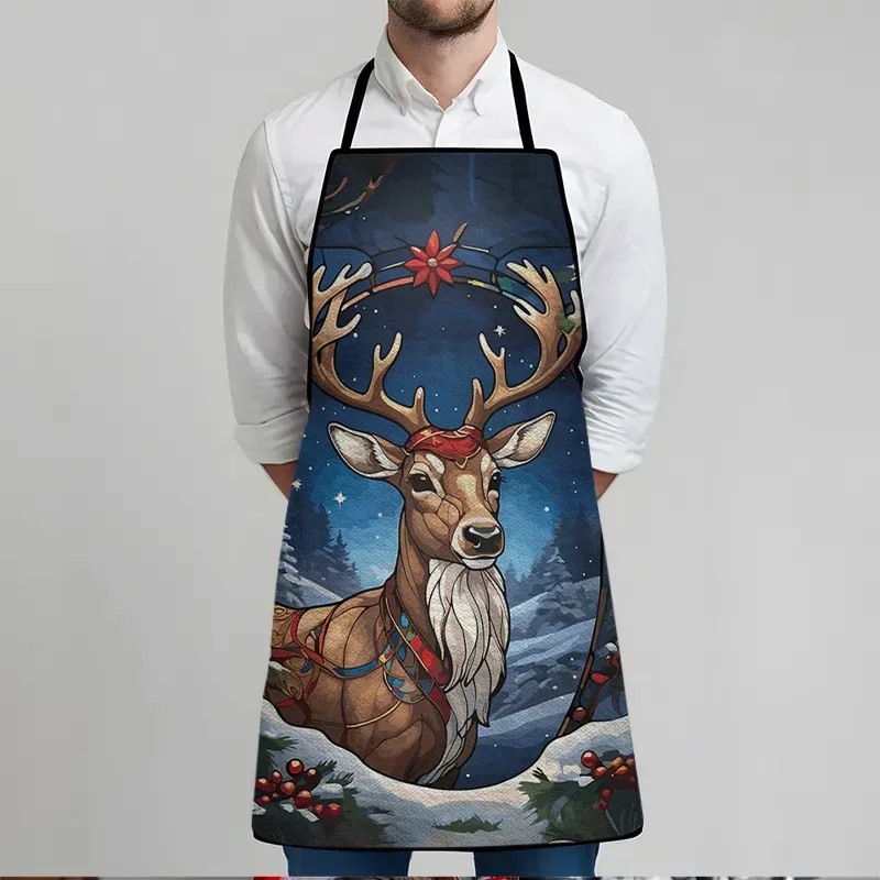 1pc Large Christmas Reindeer Apron with Red Berries Holly Print Heavy-Duty 23.62x31.5inch Adjustable Chef Apron
