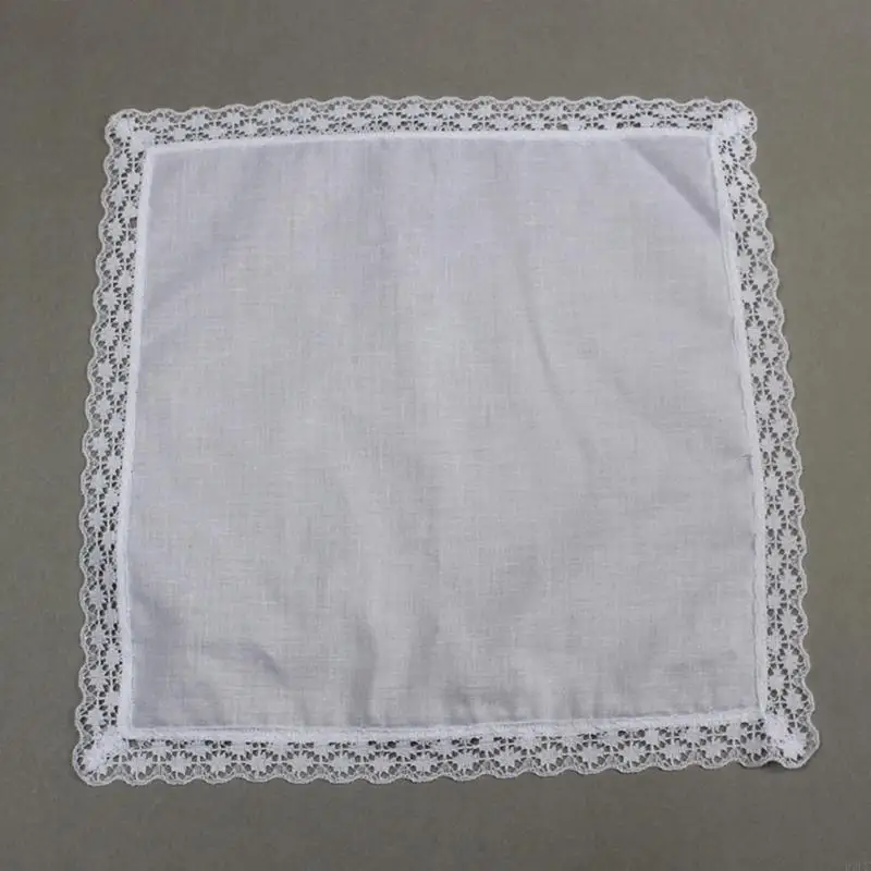 R7UF Portable Hankie Women Handkerchief Cotton Lace Trim Super Soft Washable Hanky