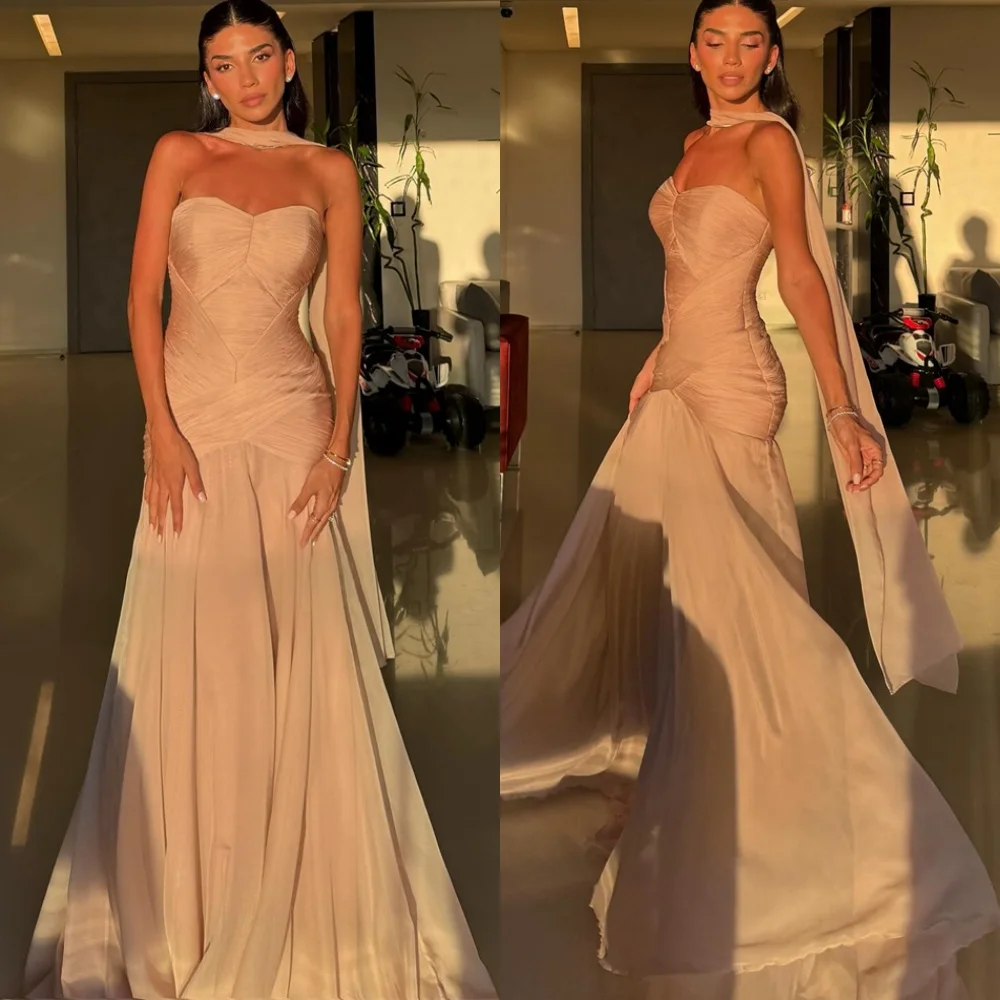 فستان سهرة كلاسيكي مخصص من الشيفون الشامبانيا عالي الجودة بدون حمالات بدون أكمام وسحاب خلفي حورية البحر فساتين مناسبة خاصة