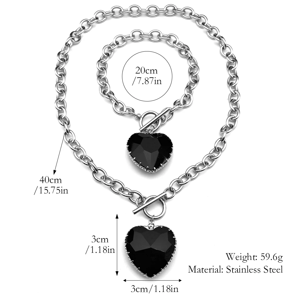 Goth Punk Black Heart Necklace Bracelet Choker for Women Stainless Steel Silver Color Glass Pendant Clavicle Chain Jewelry Sets