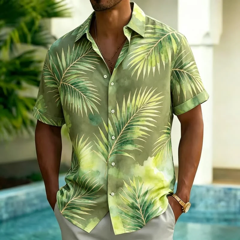 Men's Watercolor Tropical Floral and Fruit Print Casual Shirt，  for Summer Outings, Daily Wear, Pool Parties & Weekend Getaways