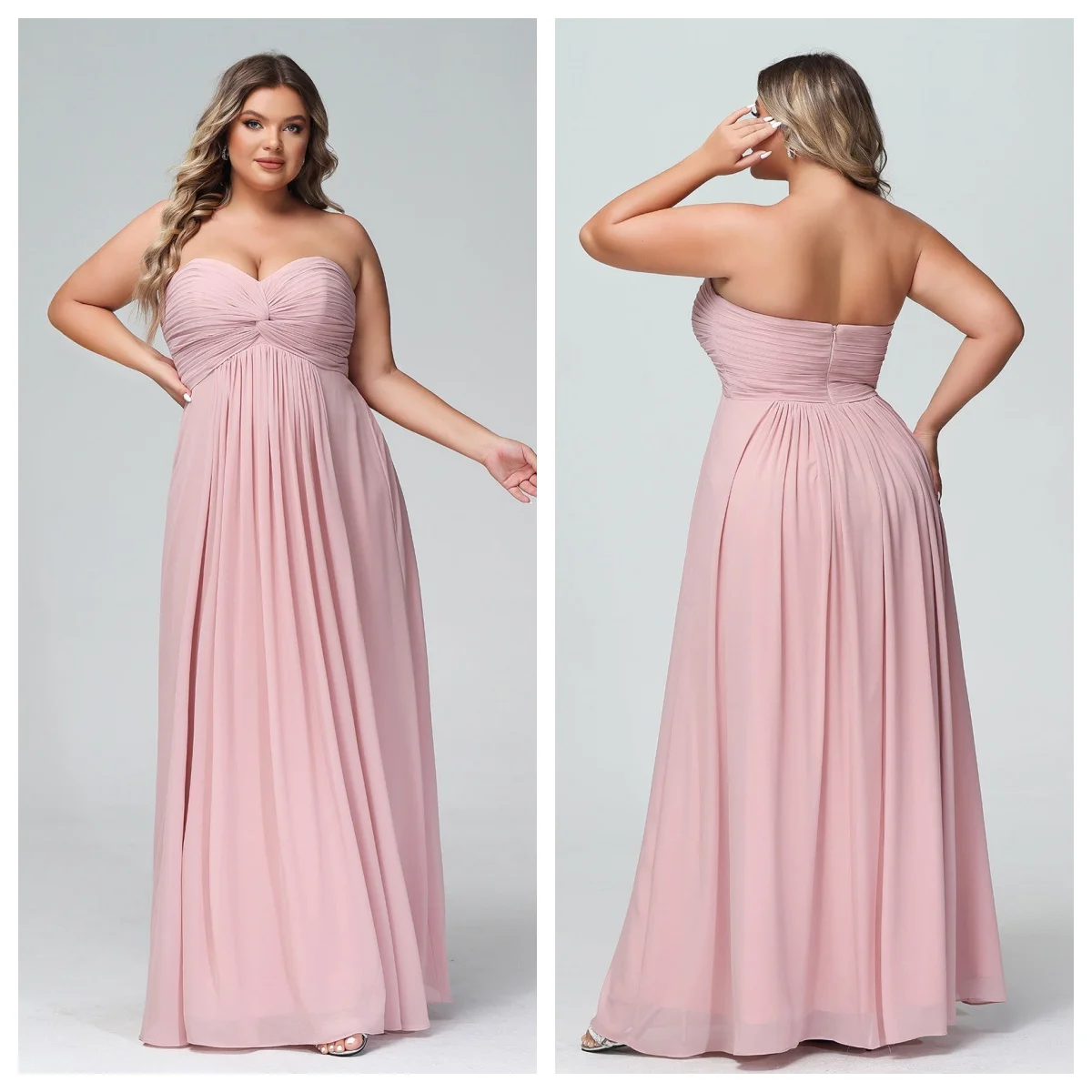 Plus-Size Women A-line Silhouette Strapless Empire Chiffon Long Evening Gown Dresses With Sweetheart Dusty Rose
