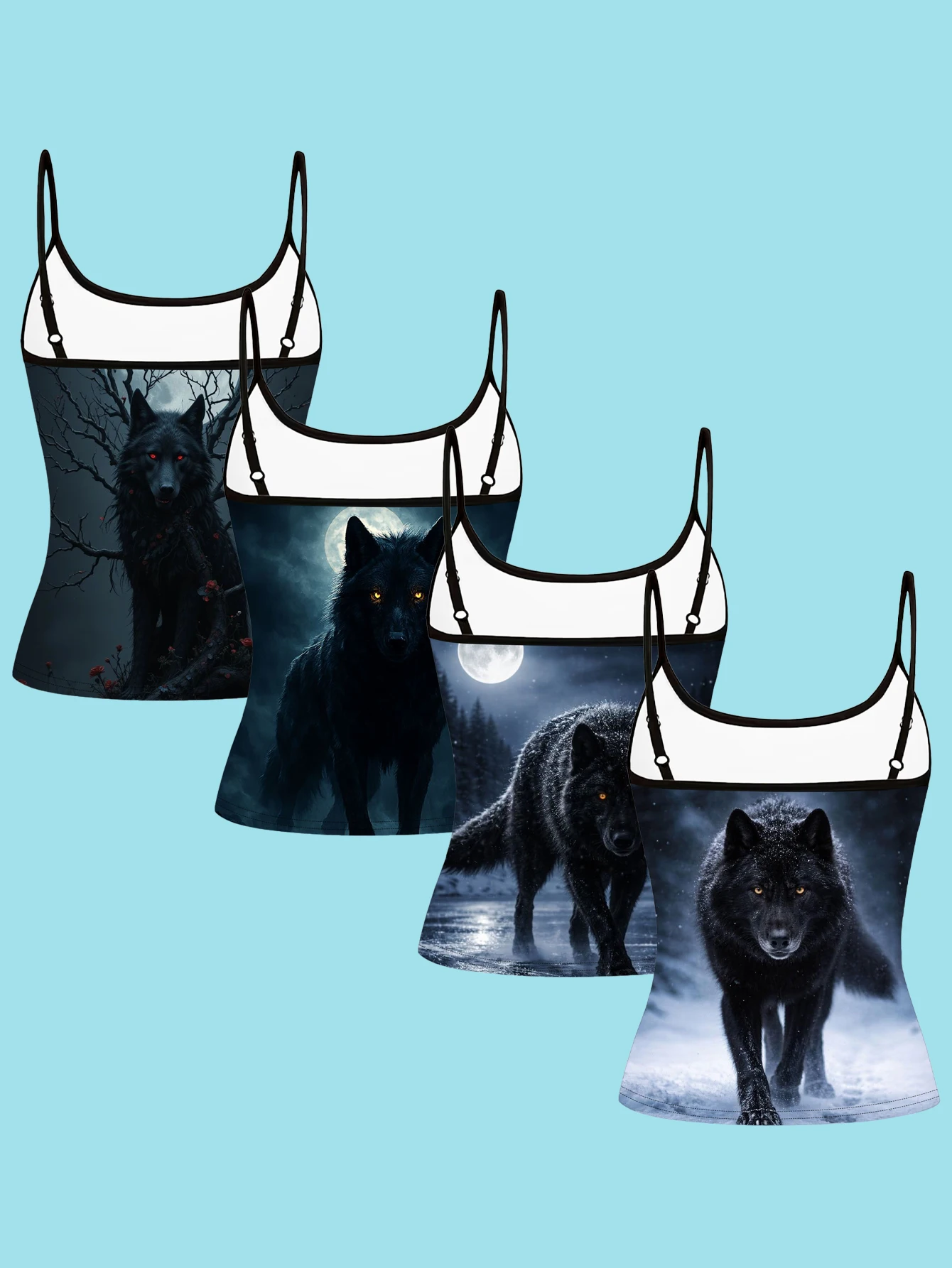 4-Piece Set of Moonlit Black Wolf Print Camisoles, Forest Snow Wolf Dark Animal Thin-Strap Sleeveless Tops, Cool-Toned Wild Style Slim-Fit Inner and Outer Wear Vest Set