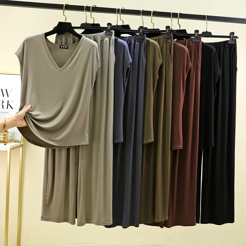 

Summer Lightweight V-Neck Modal Tank Top And Casual Pants Home Clothes Set Women's Loose Fit Two-Piece Sleepwear Ensemble