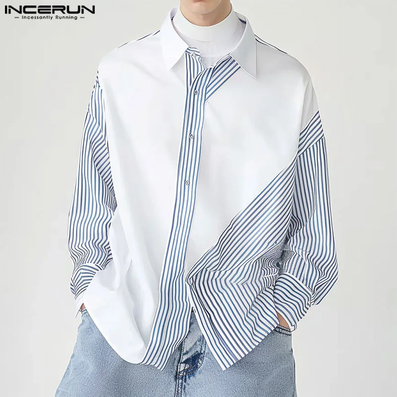 

Красивые хорошо облегающие Топы INCERUN Мужская блузка в полоску неправильной формы для отдыха простая универсальная рубашка с длинным рукавом и отворотом Женская