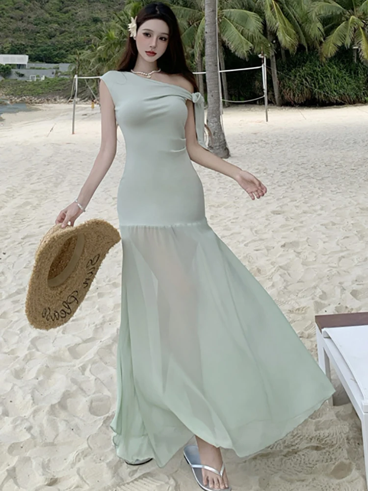 Zomer Solid Mesh Chic Diagonale Kraag Sexy Lange Jurk Vrouwen Elegante Bodycon Sheer Jurk 2025, Koreaanse Luxe Festival Feestjurk