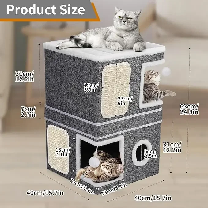 2-Storey Cat House  Indoor Cats, Separate Into 2 Large Cat Bed Cave with Hideaway Condos, Scratch Pads, Hanging Balls